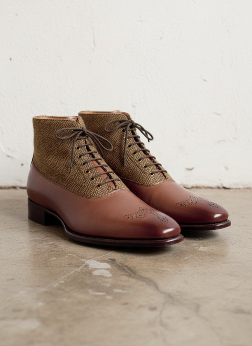 Handmade Men Leather Boots, Tweed Fabric Boots, Men Brown Dress Boot US 8 / Brown / D
