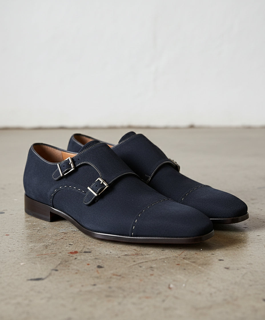 Handmade Men Monk Strap Shoes, Suede Shoes, Navy Blue Dress Shoes US 5.5 / Navy Blue / 4E - Extra Wide