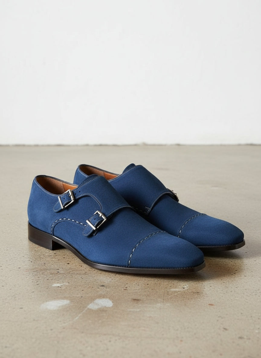 Men's Royal Blue Handmade Suede Monk Strap Shoes – Rebels Market