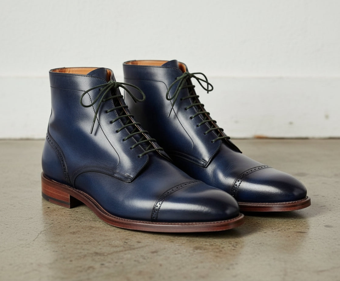 Handmade Men Navy blue Lace up Leather ankle boots, Blue leather