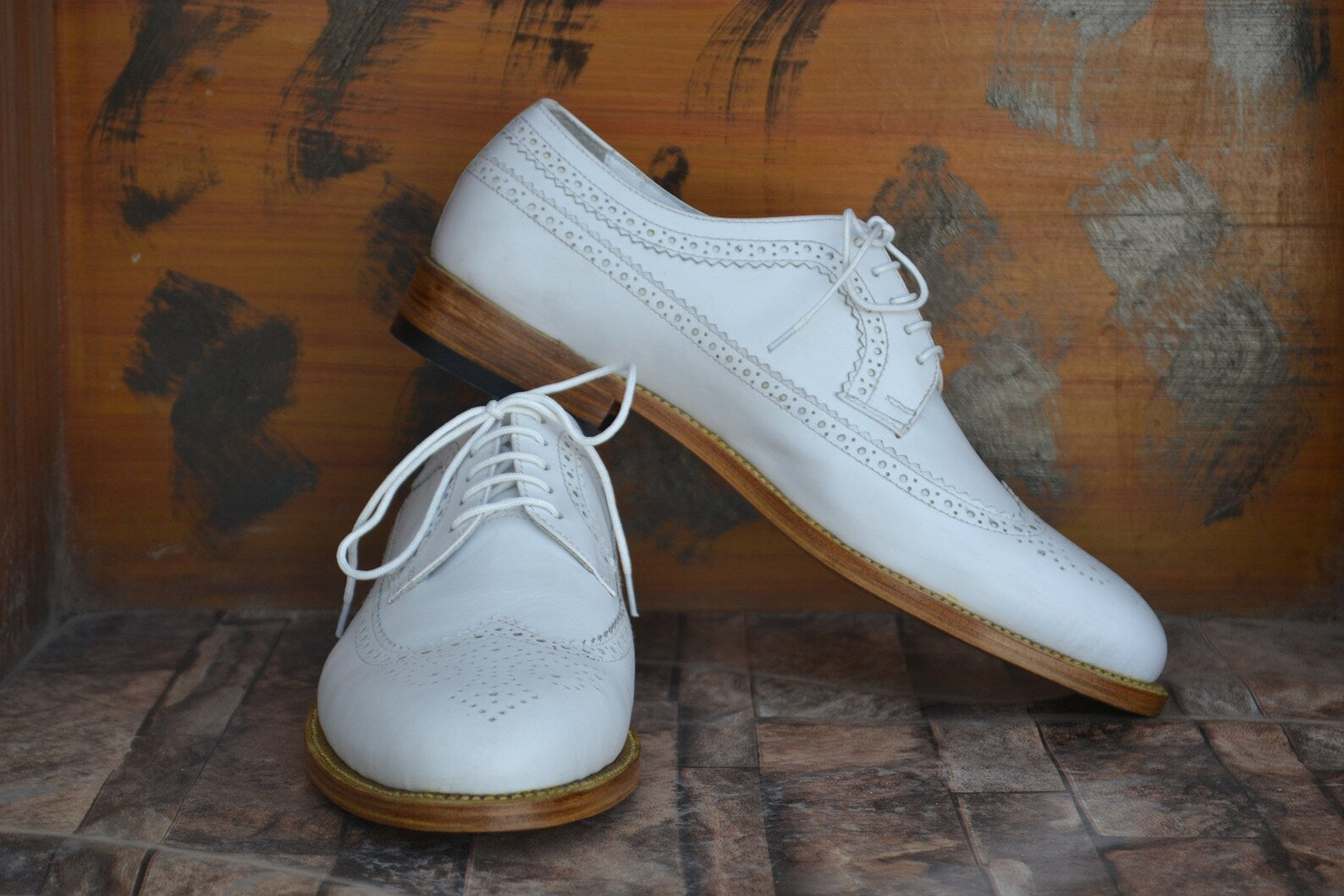 Wing Tip Mens White Oxford Dress Shoes Handmade Men Wing Tip