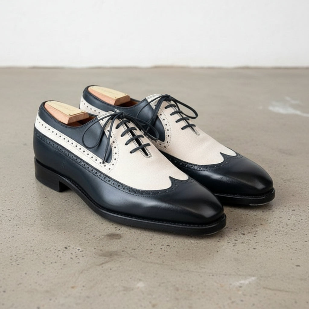 Black and Cream Two-Tone Wingtip Leather Spectator Oxfords - Okehampton US 9 / D