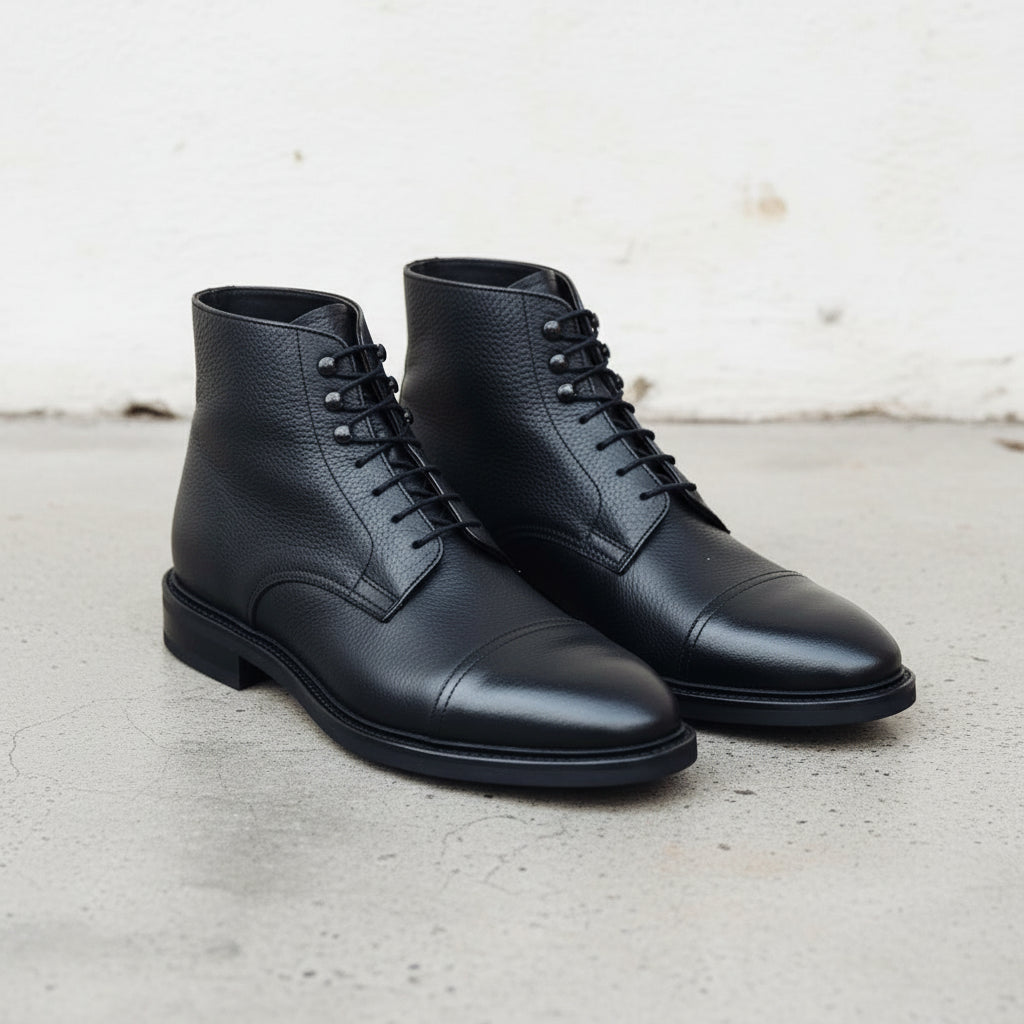 Men's Black Cap-Toe Pebbled Leather Ankle Boots