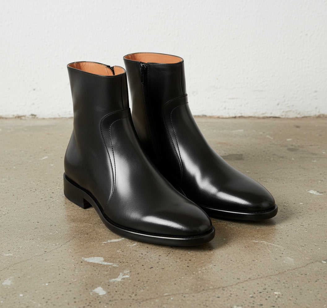 Handmade Men's Black Leather Side Zipper Ankle Boots