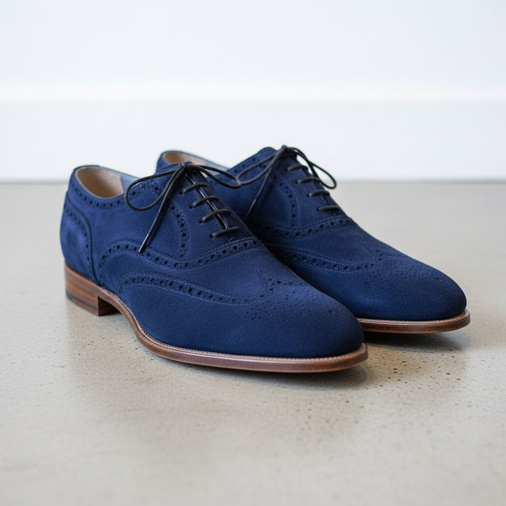 Handmade Mens Brogue Blue Suede Shoes, Men Wingtip Suede Blue