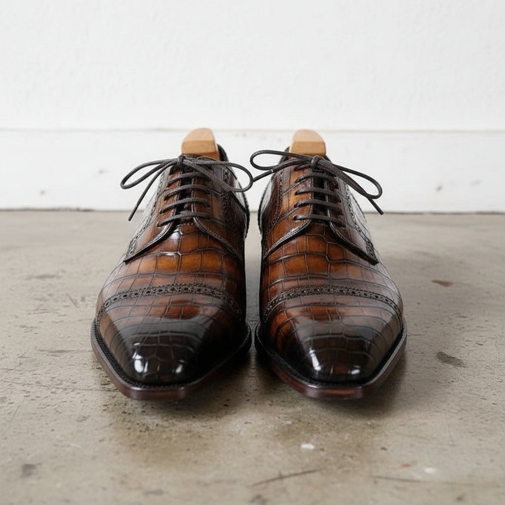 Handmade Mens brown crocodile dress shoes, Men brown square toe laceup shoe US 8.5 / brown / D