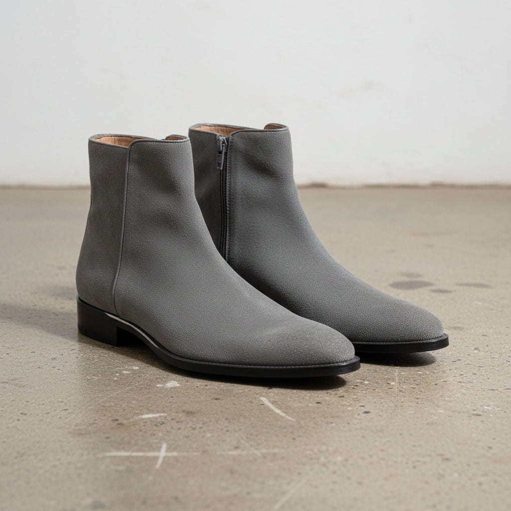 Handmade Men's Gray Suede Ankle Boots - Men's Dress Boot - Gray Zipper Boot