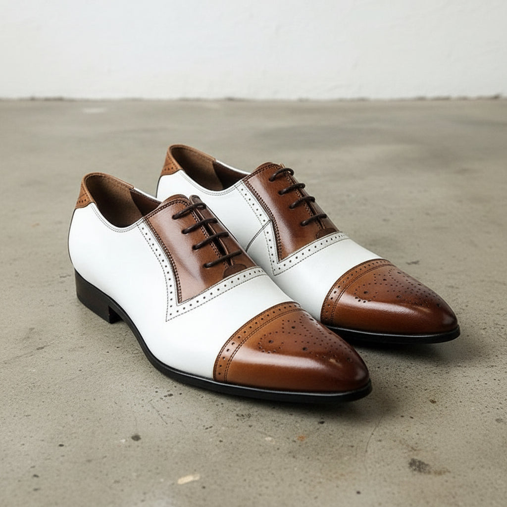 handcrafted men's dress shoes Men's White and Brown Cap-Toe Leather Spectator Oxfords - Grange US 12.5 / D