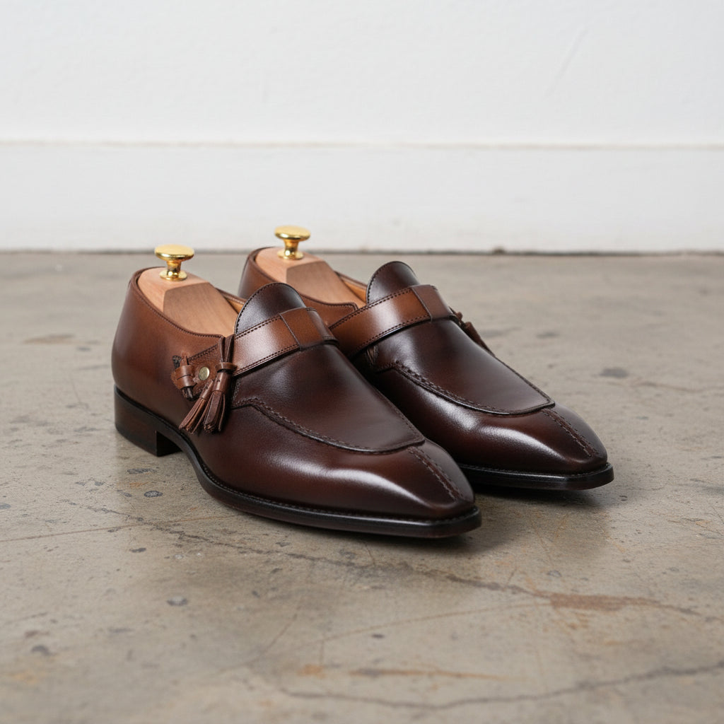 princess polly baby blue dress Mens Brown Tassel Loafers Polished Burnished Leather Slip on Shoes – XPOSED