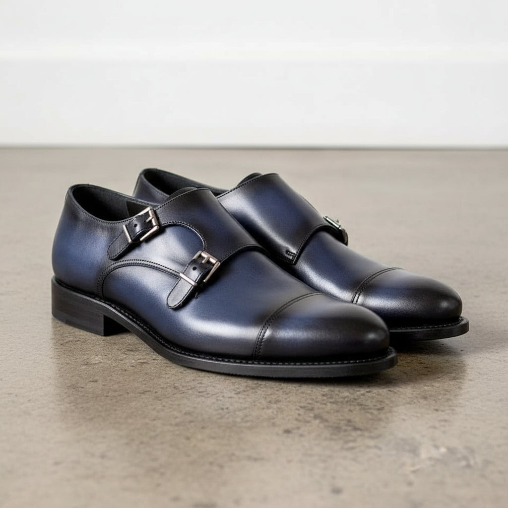 Handmade Navy Blue Double Buckle Dress Shoes, Men Blue Monk Formal