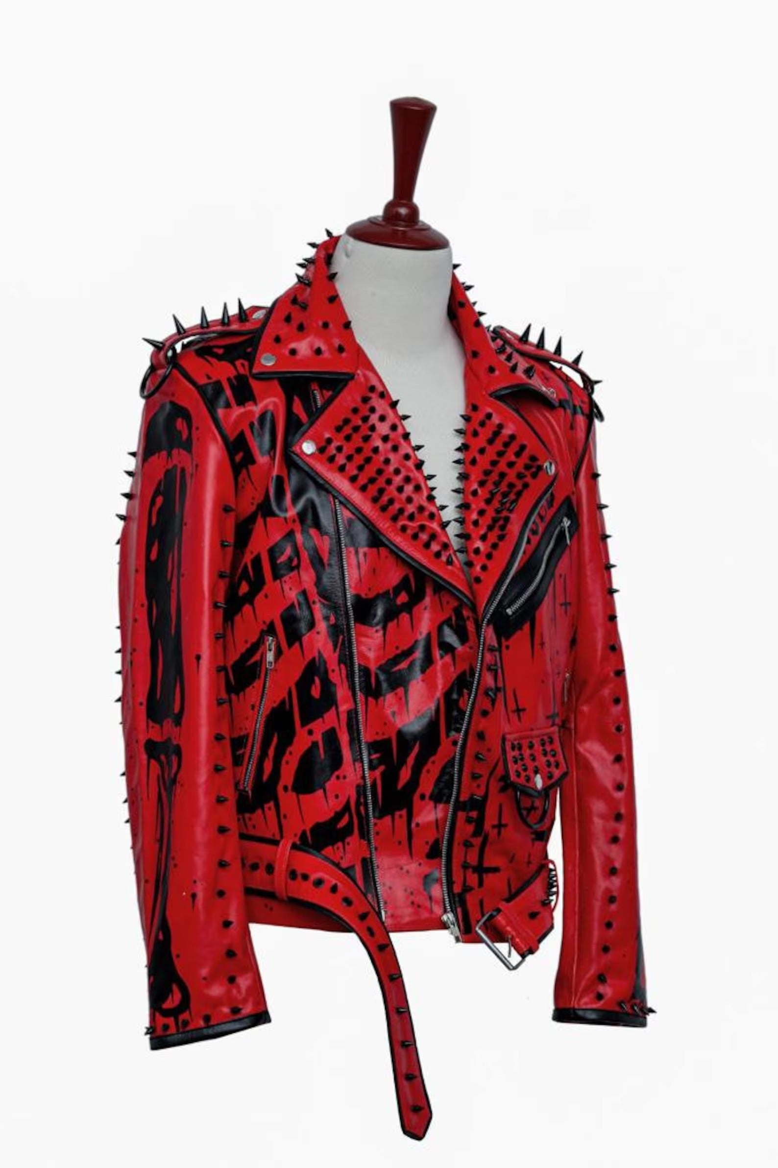 Handmade Red Sinner leather jacket, men punk style fashion