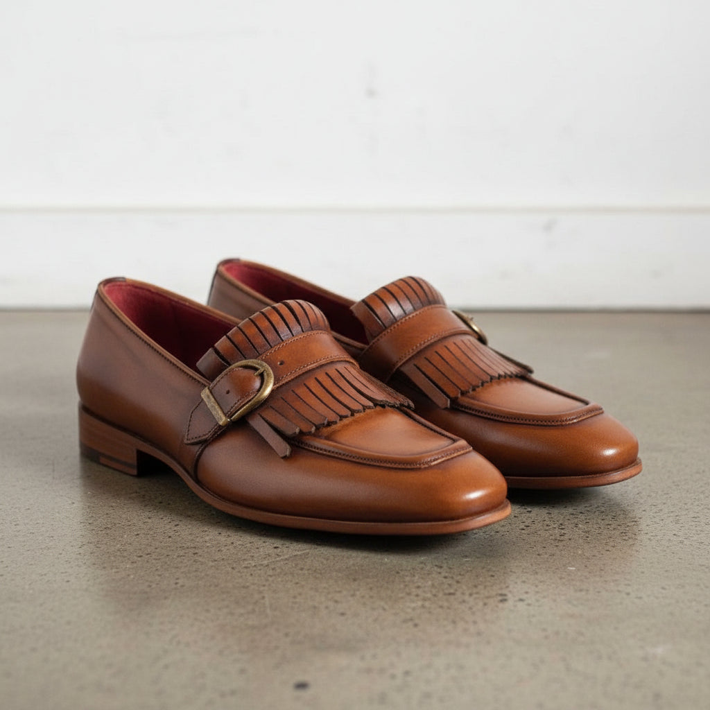 Handmade Tan Leather Fringe Buckle Shoes Moccasins, Mens Leather Loafer US 7 / Tan / D