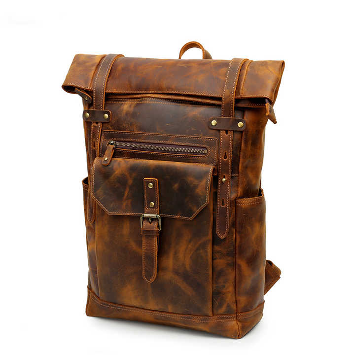 brown genuine leather backpack Men's Brown Roll-Top Leather Backpack