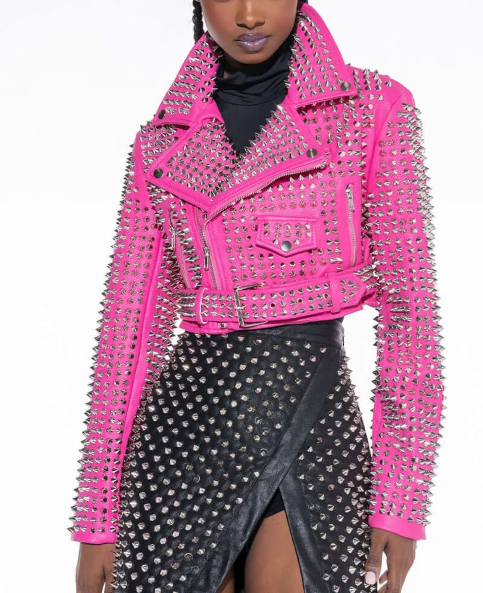 ミュージシャン STUDDED WORK JACKET Women's Handmade Hot Pink Studded Leather Moto Jacket – Rebels Market