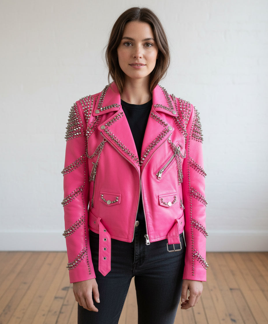Handmade women pink punk style jacket, leather gothic rivet rock