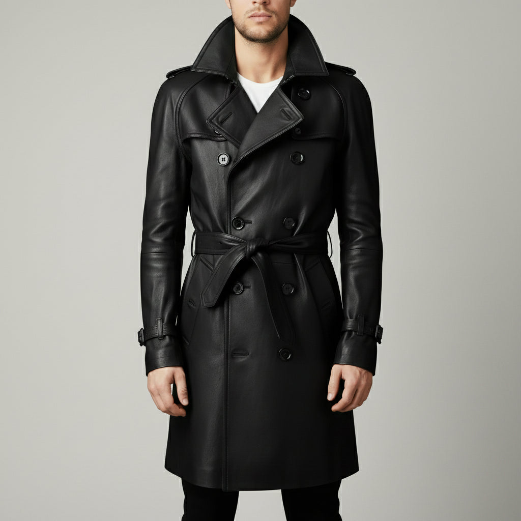 Men's Black Belted Leather Trench Coat