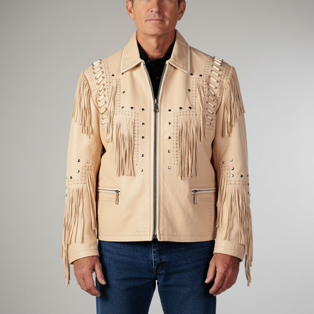 Handmade Cowboy Leather Jacket - western Men 1980' Cowboy Cream