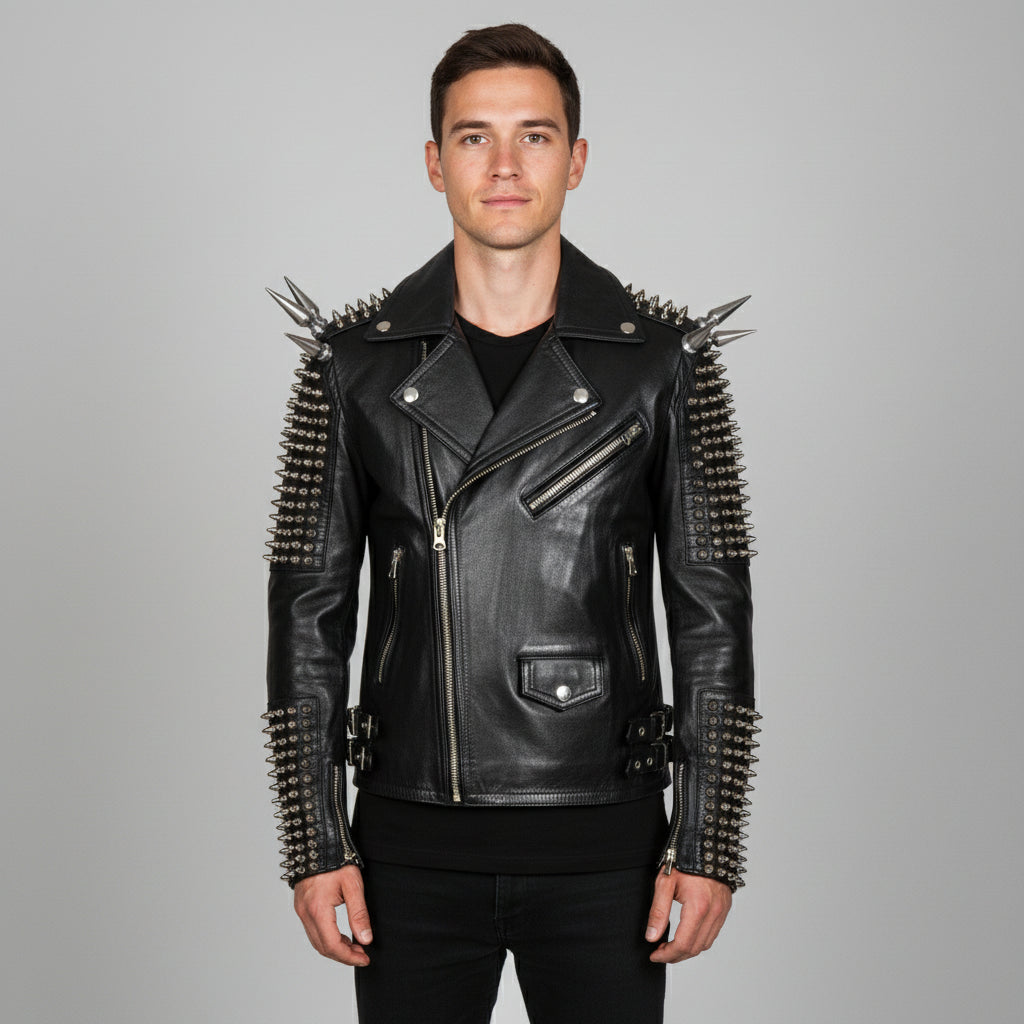 Men's Black Silver Studded Leather Biker Jacket – Rebels Market