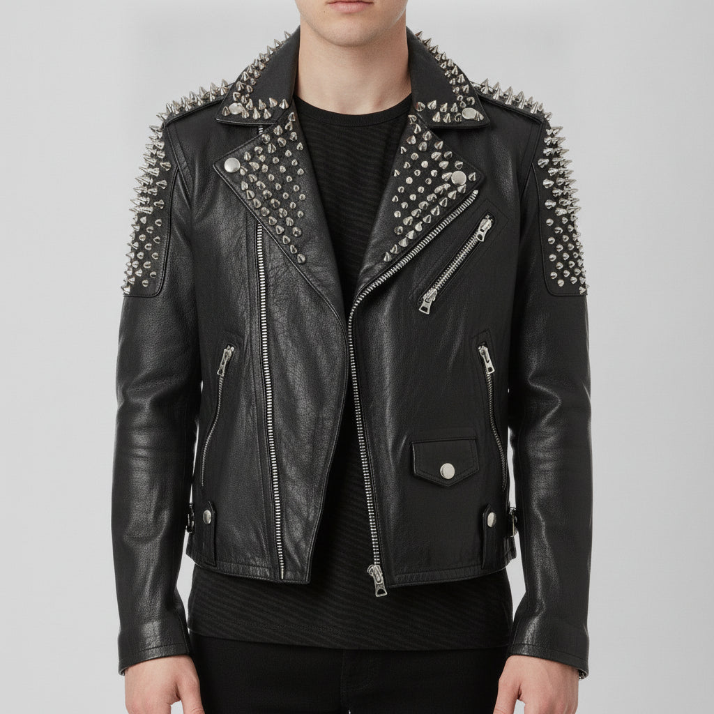 Men's Black Silver Studded Leather Biker Jacket – Rebels Market
