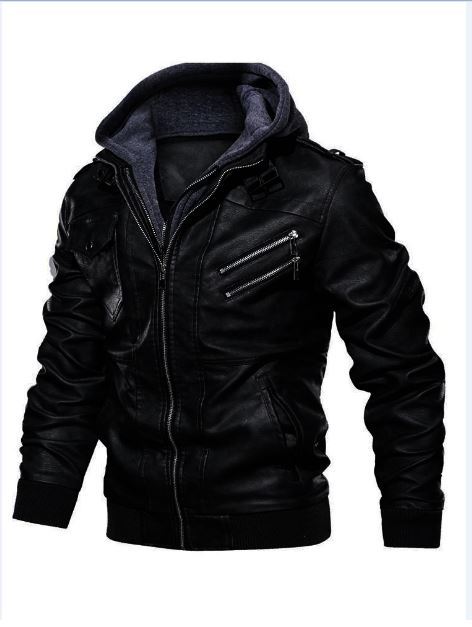 Men Black Leather Fashion Jacket with Hoodie, Bomber Style hooded Jacket