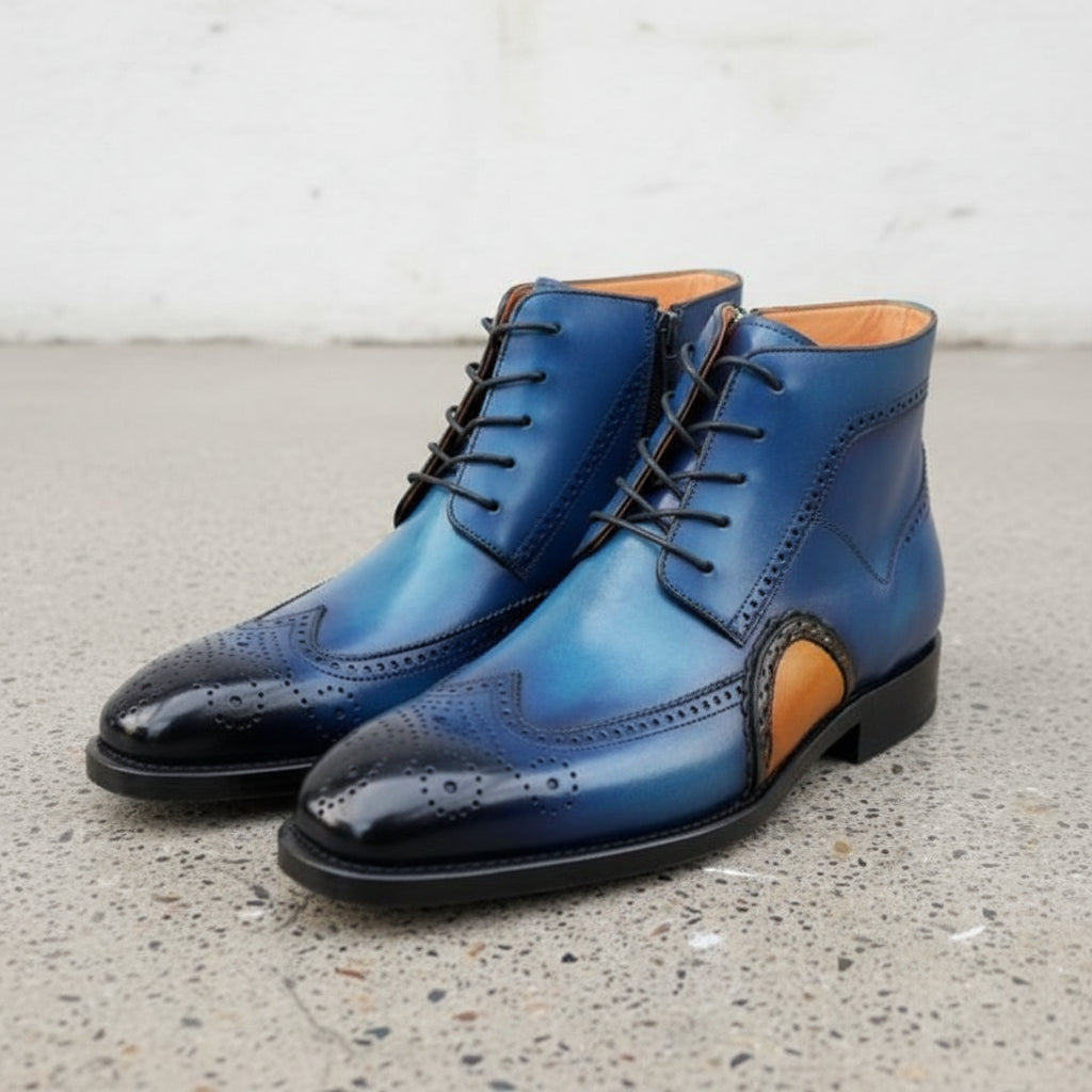 Men Blue Wing Tip Brogue Round Toe Lace Up High Ankle Dress