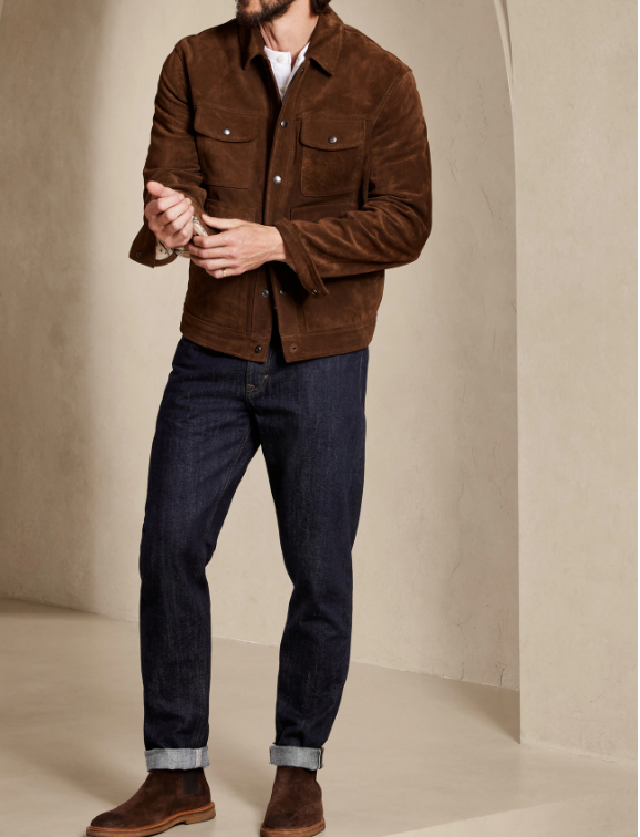 Handmade Men Dark Brown Suede Trucker Jacket, Brown Trucker Suede