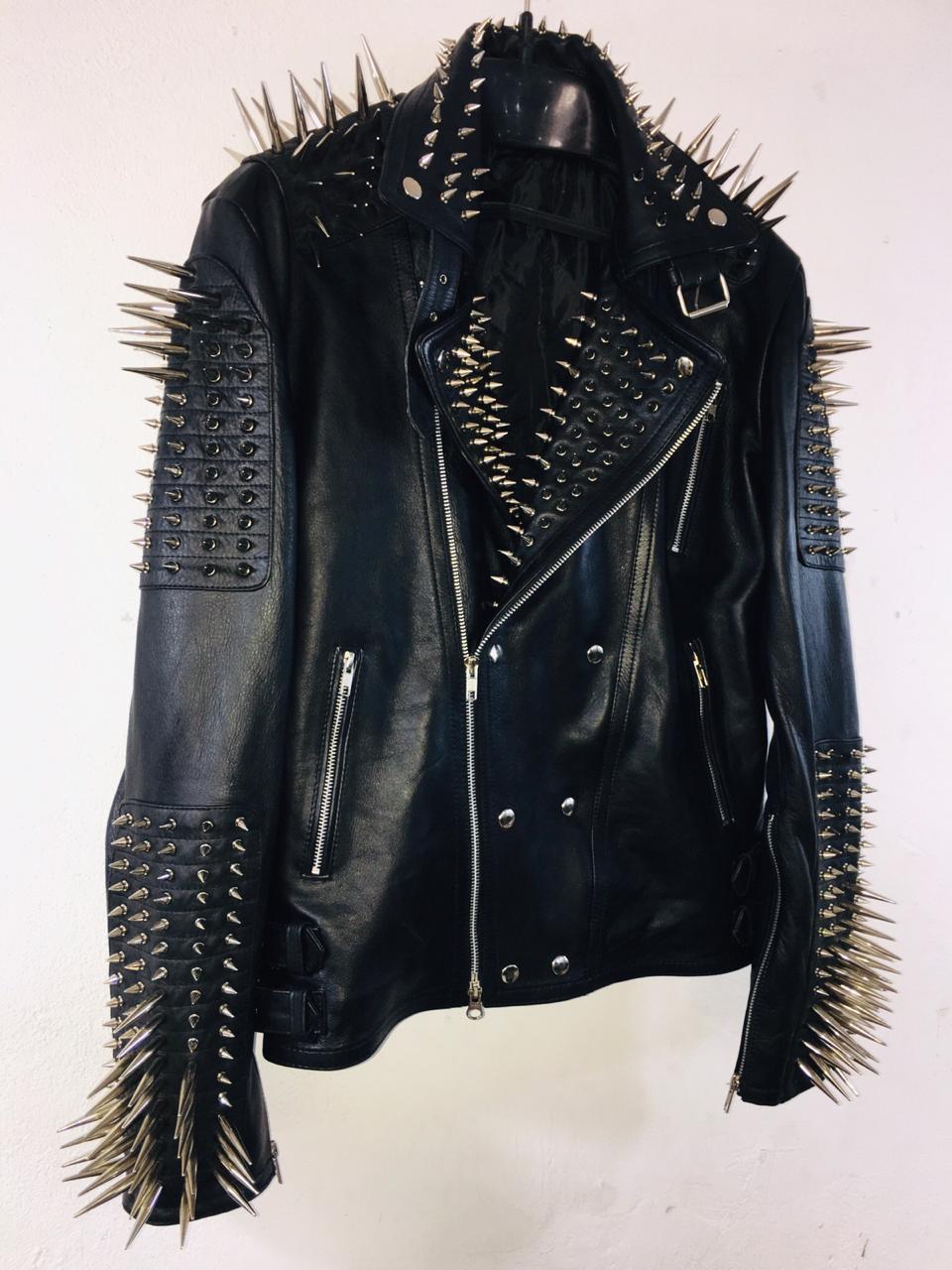 Punk Motorcycle Leather Duster Men's Long Spiked Black Leather