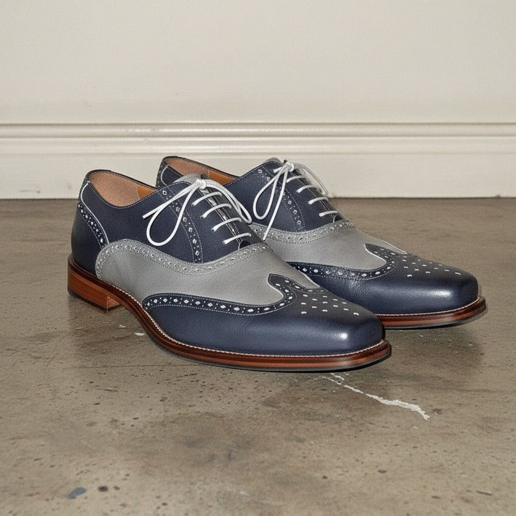 Men Two Tone Wing Tip Brogue Formal Shoes Blue and Gray Dress Shoes US 15 / Black Men Two Tone Wing Tip Brogue Formal Shoes Blue and Gray Dress Shoes US 15 / Black