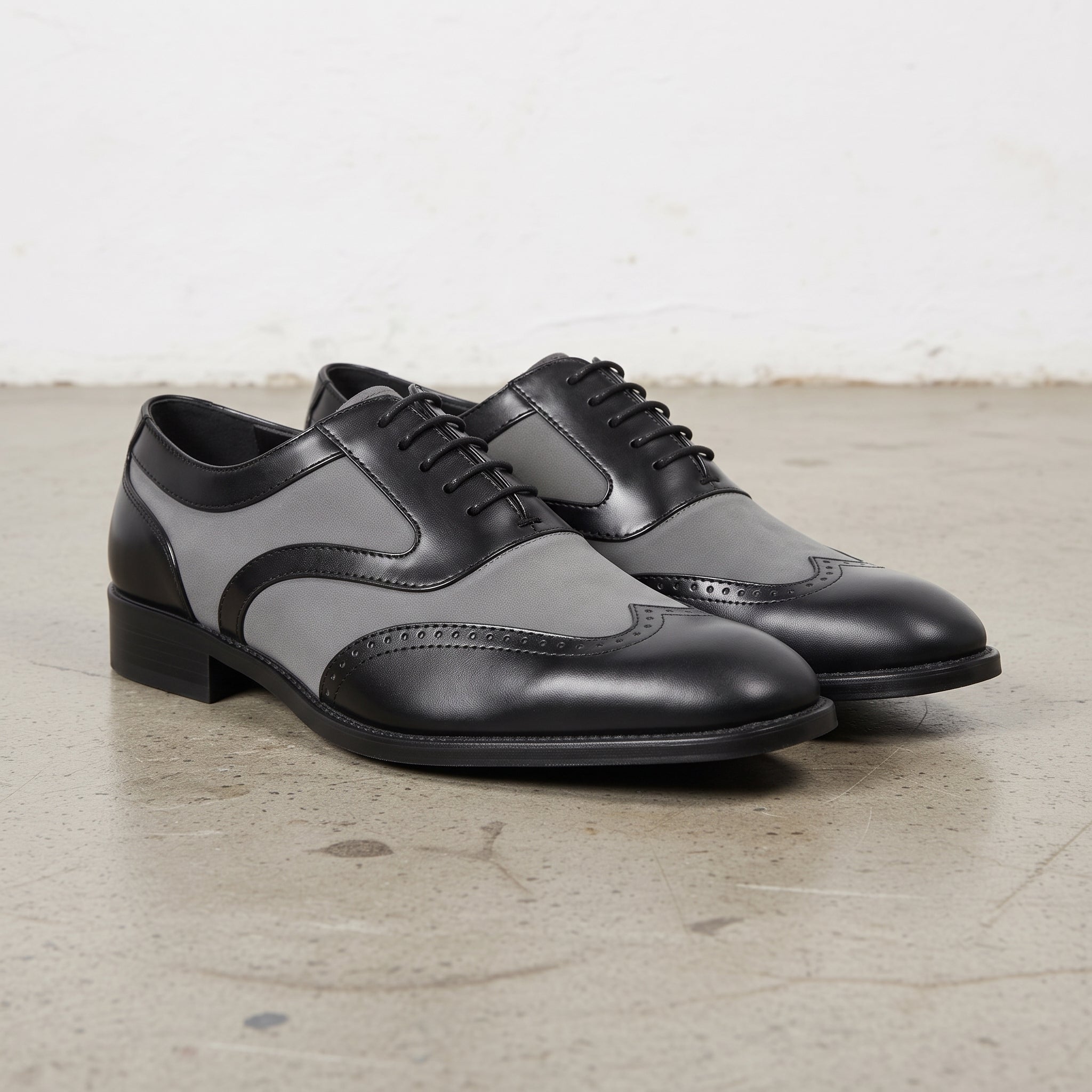 Men's Black and Gray Wingtip Brogue Tuxedo Dress Shoes