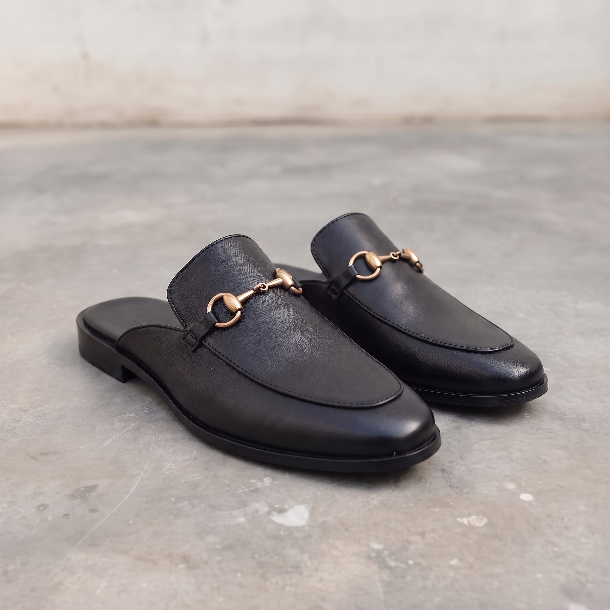 Men's Handmade Black Leather Mule Slippers - Flat Horsebit Leather Slippers