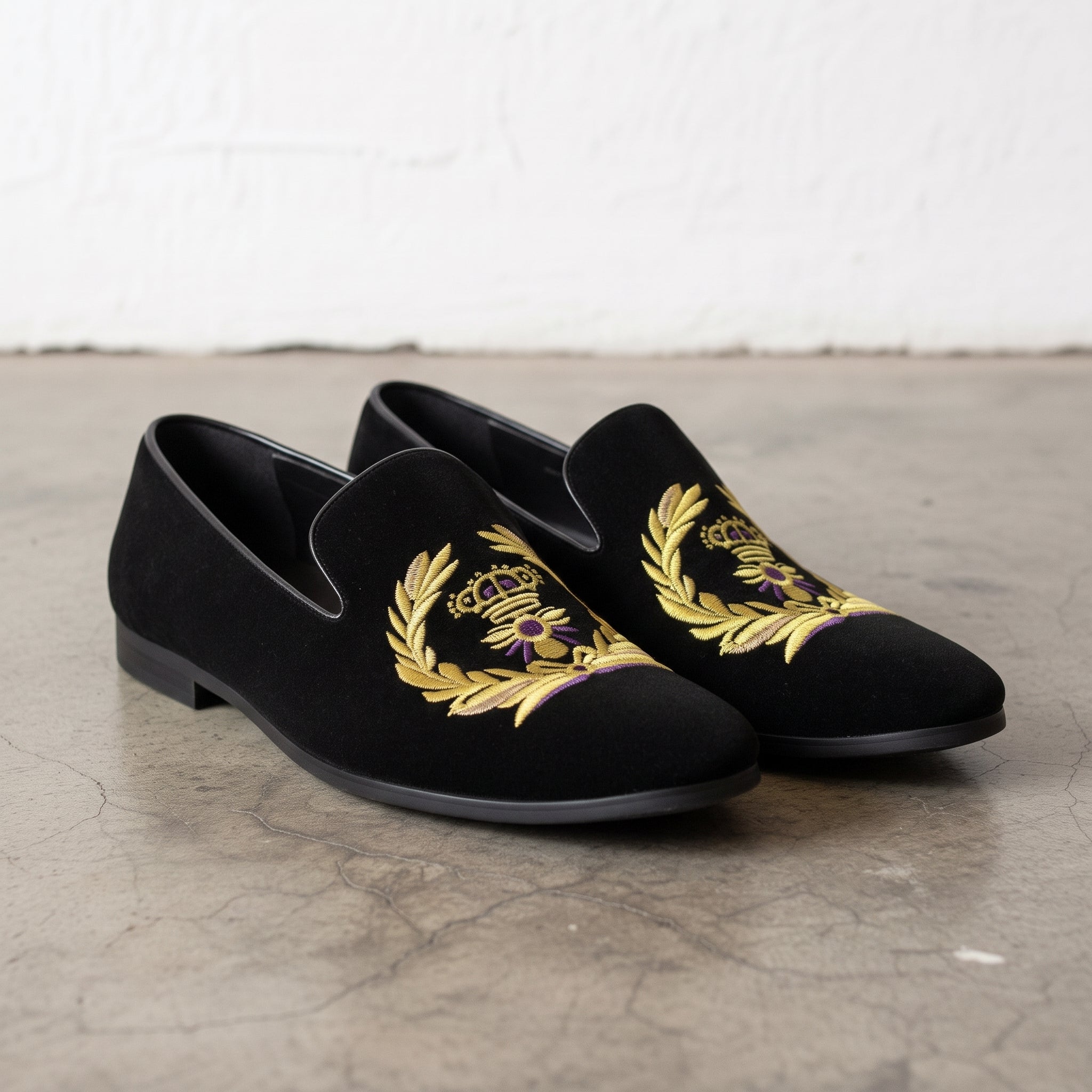Handcrafted Men's Black Embroidered Velvet Loafers