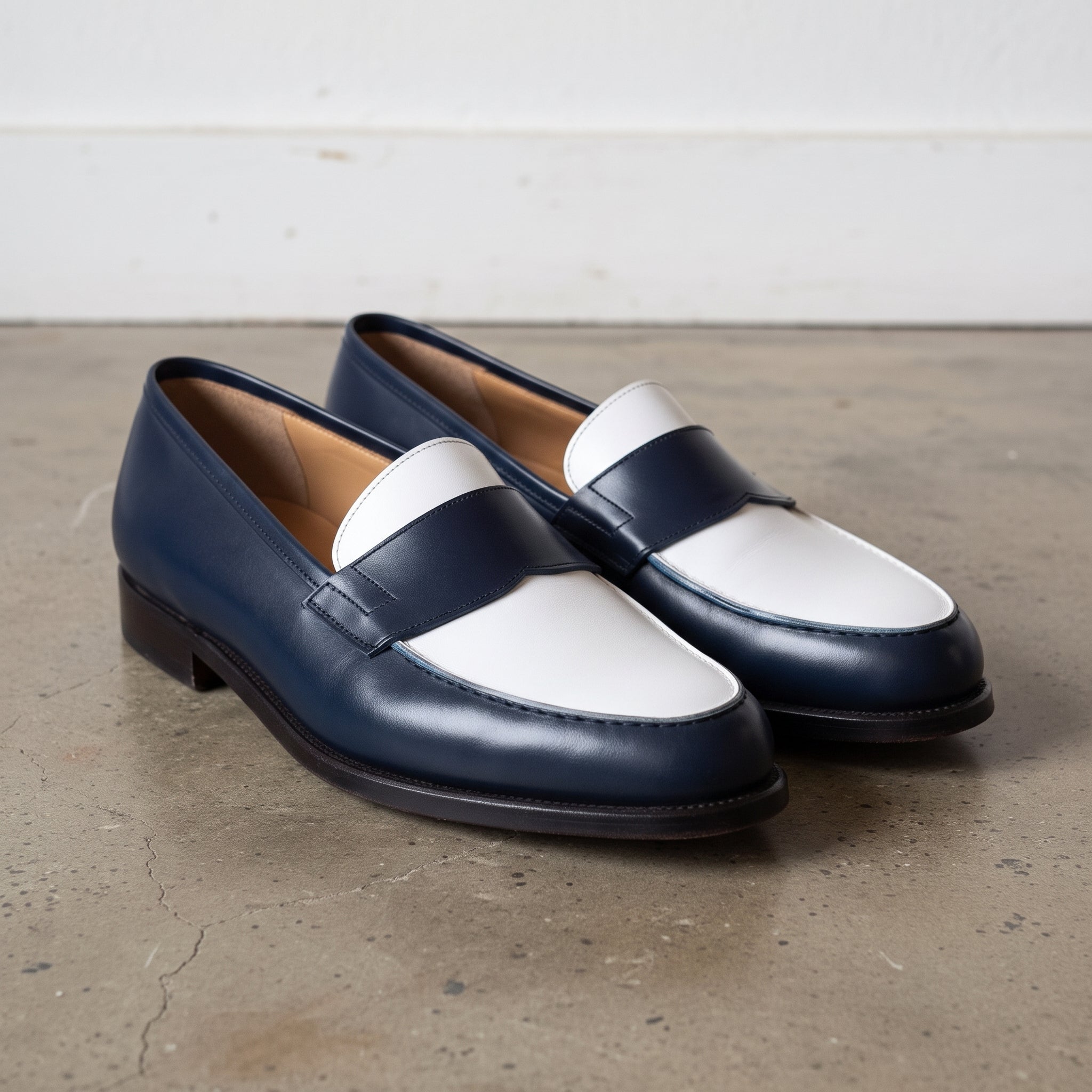 Handcrafted Men's Two-tone Penny Loafers in Blue and White Leather