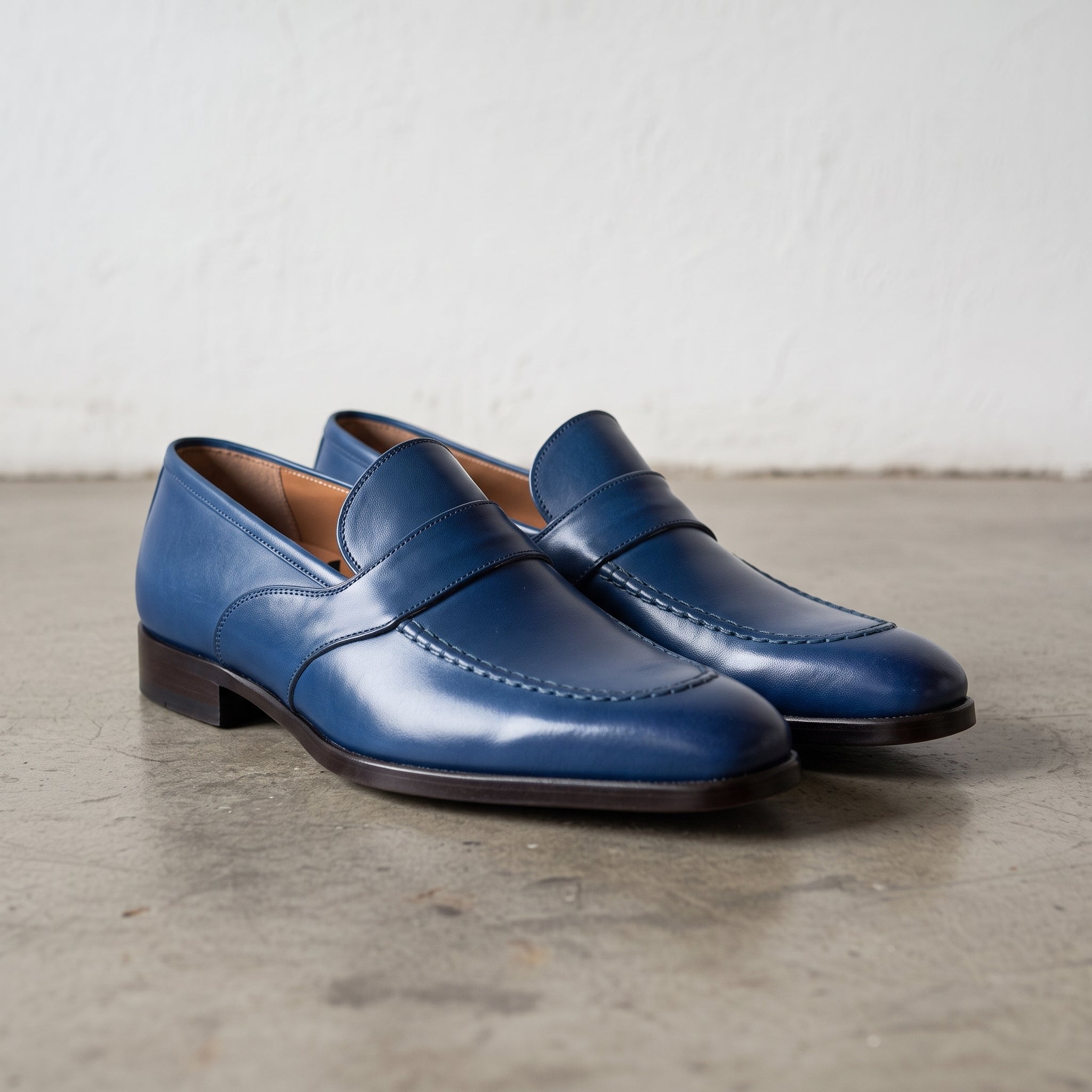 Men's Blue Color Leather Shoes - Blue Formal Shoes - Leather Moccasins
