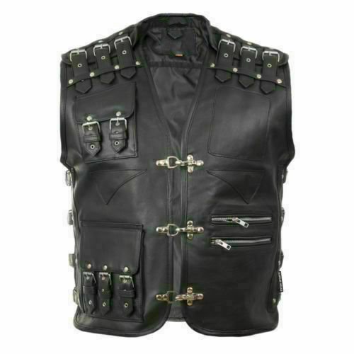 Handmade Punk Men's Genuine Leather Heavy Buckled Motorcycle Biker Vest Waistcoat