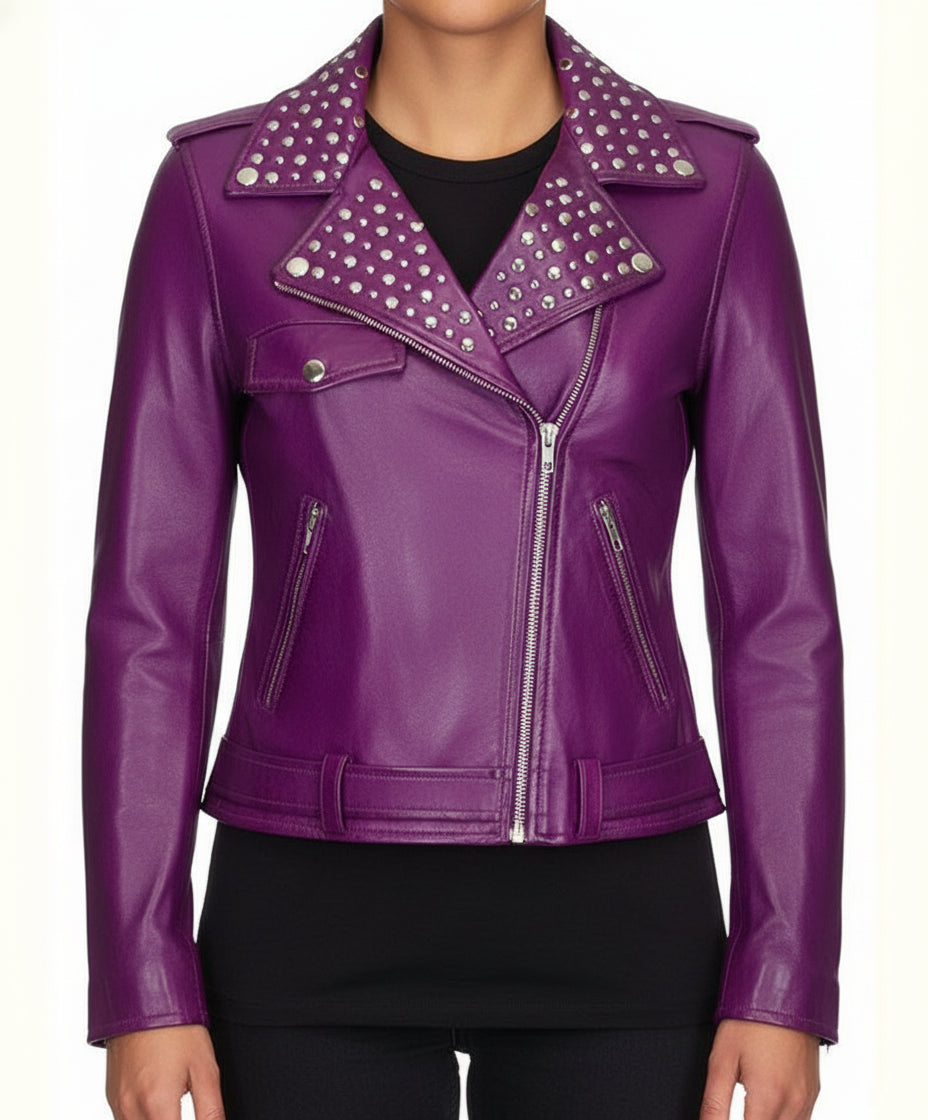 Handmade Gothic Women Purple Leather Studded Biker Jacket, Women