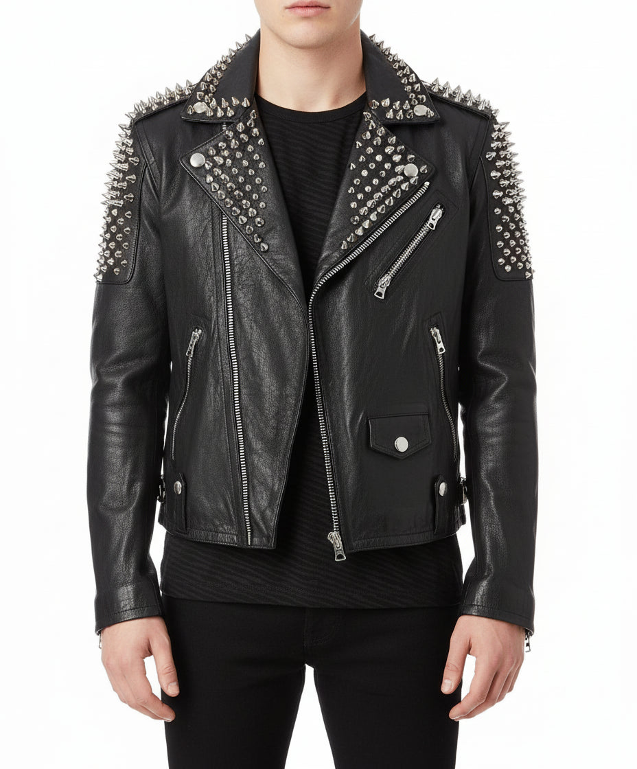 Handmade Men Casual Black Silver Studded Rocker Punk Style Biker