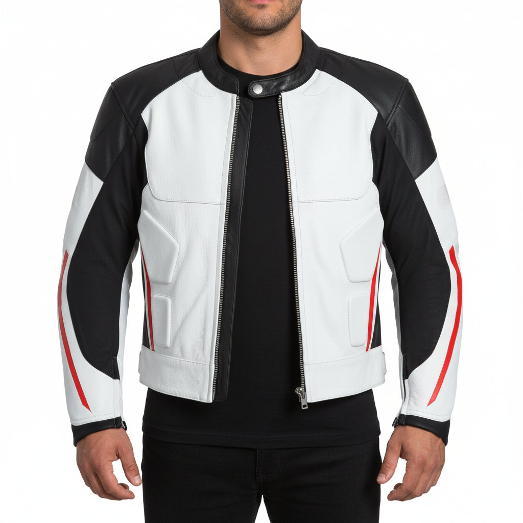 Men's White, Black, and Red Leather Biker Jacket - Cathcart