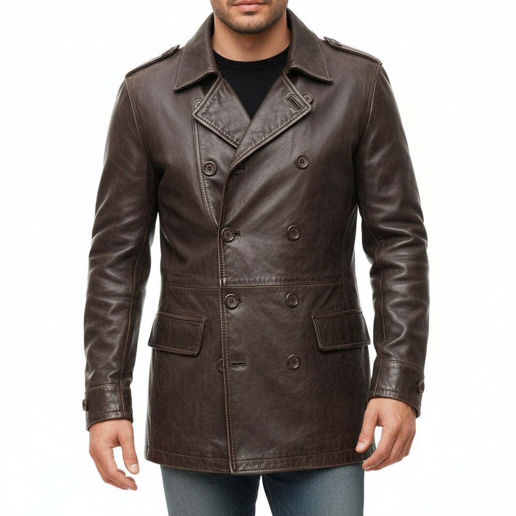 ワコマリア　LEATHER DOUBLE BREASTED COAT Men's Handmade Leather Pea Coat, Double-Breasted Button Jacket