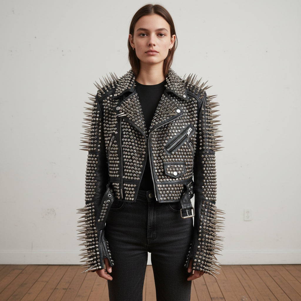 Women's Black Spiked Studded Leather Biker Jacket - Ayrton