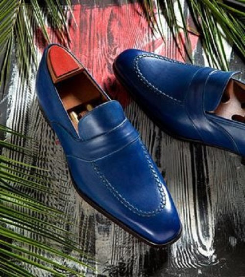 Men Blue Color Leather Shoes, Blue Formal Shoes, Leather Moccasins