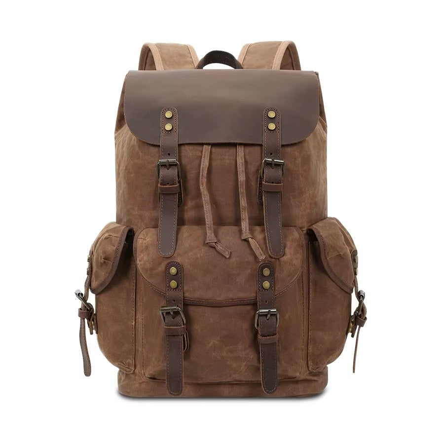classic canvas leather backpack Unisex Vintage Waterproof Leather-Style Canvas Laptop Backpack