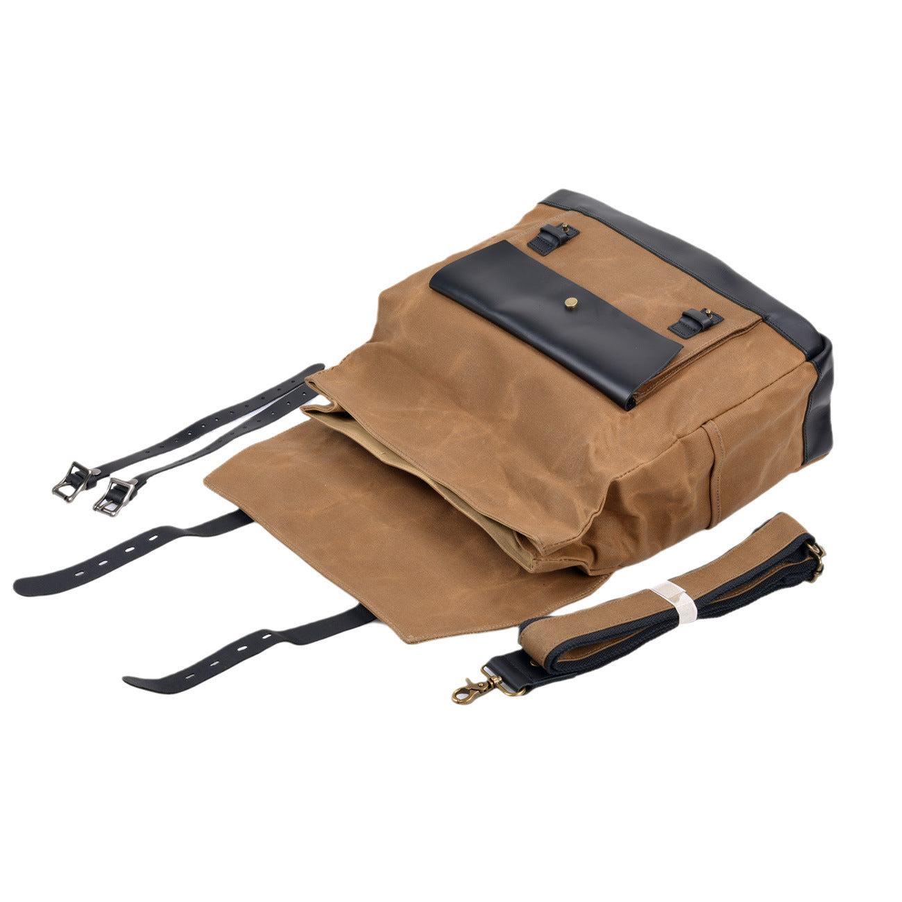 canvas leather strap backpack Tan and Black Canvas Roll-Top Backpack