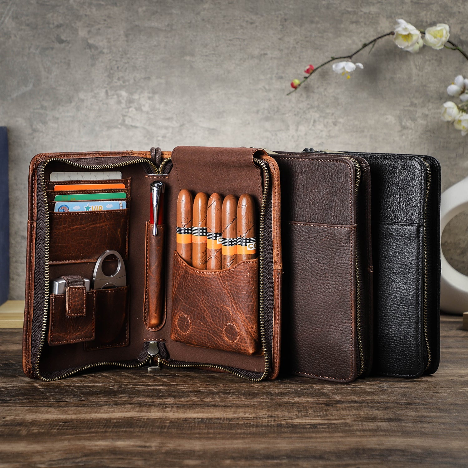 Unisex Vintage Brown Leather Travel Cigar Case