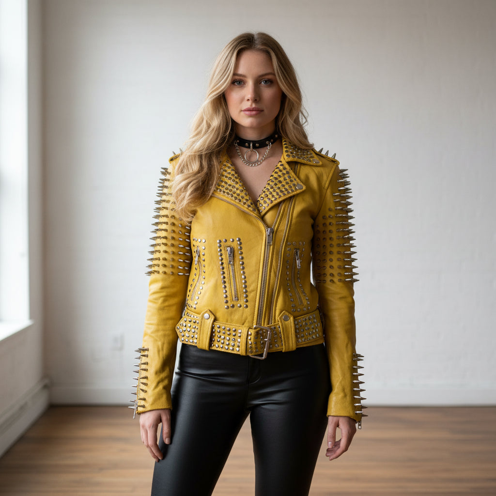 Women's Yellow Studded Leather Biker Jacket - Basing – Rebels Market