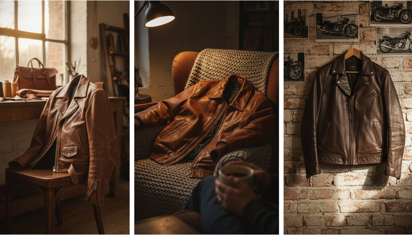 Various leather jacket styles including biker, bomber, and racer