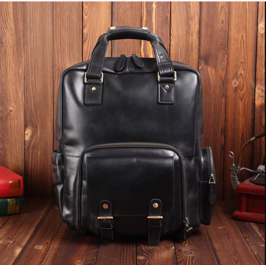 Full-Grain Leather Laptop Backpack with Tripod Holder