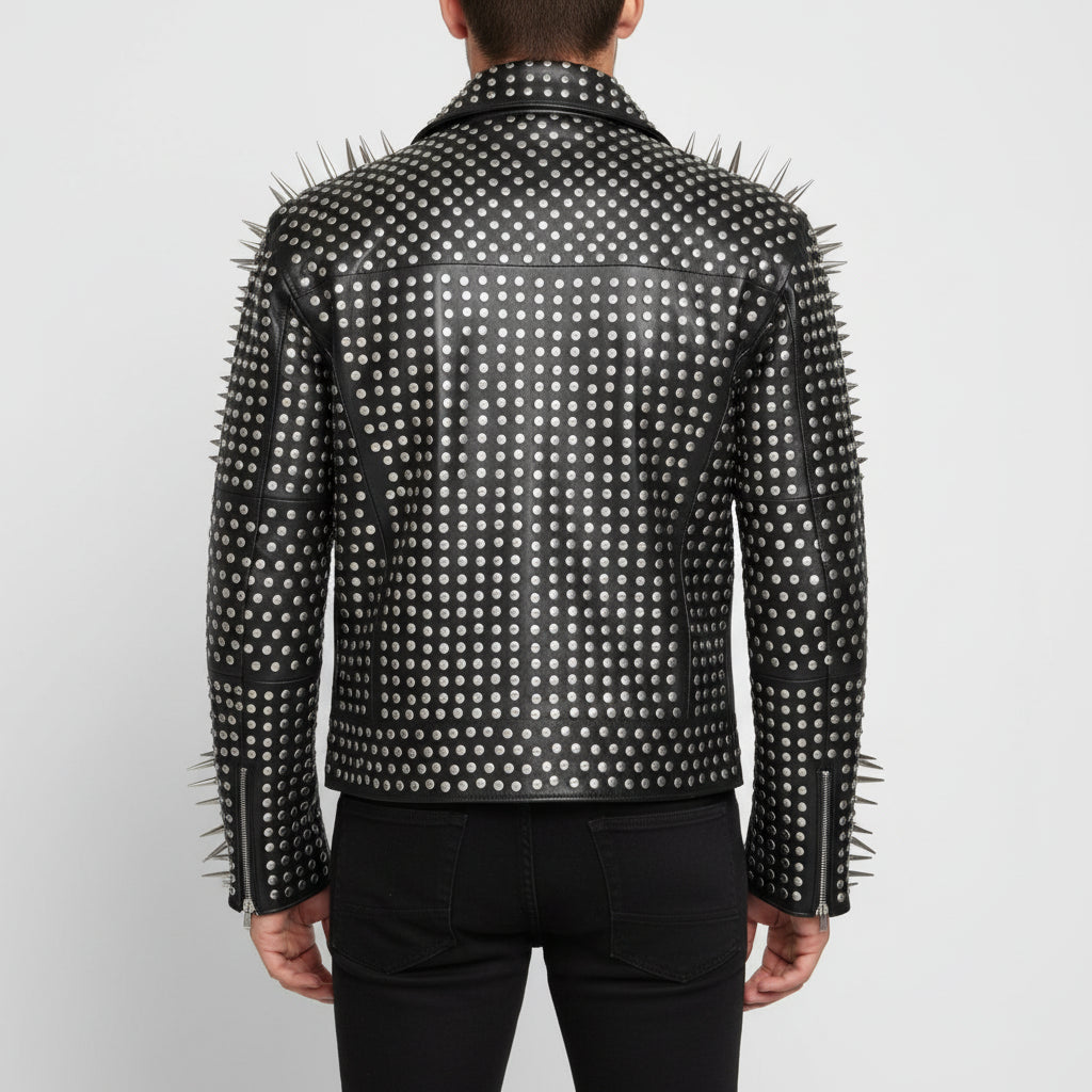 Handmade Men Full Black Punk Silver Long Spiked Studded Leather Brando Biker Jacket