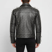 Handmade Men Full Black Punk Silver Long Spiked Studded Leather Brando Biker Jacket