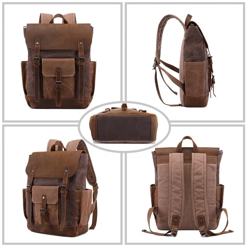 canvas and leather backpack mens Men's Dark Grey and Brown Canvas and Leather Backpack
