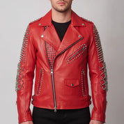 Men's Red Studded Leather Biker Jacket — Abberly